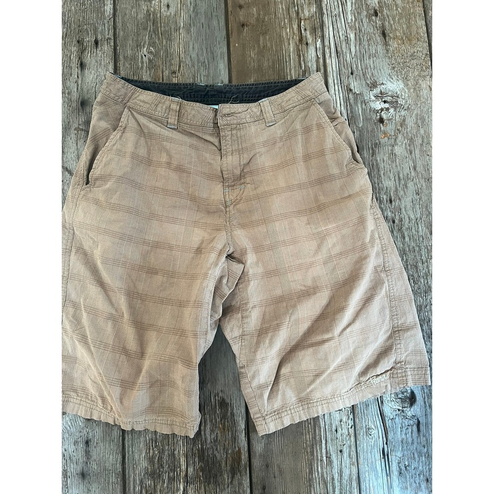 Prana Mens Plaid Shorts Tan Brown Size 33 Flat Front Casual Outdoor Hiking